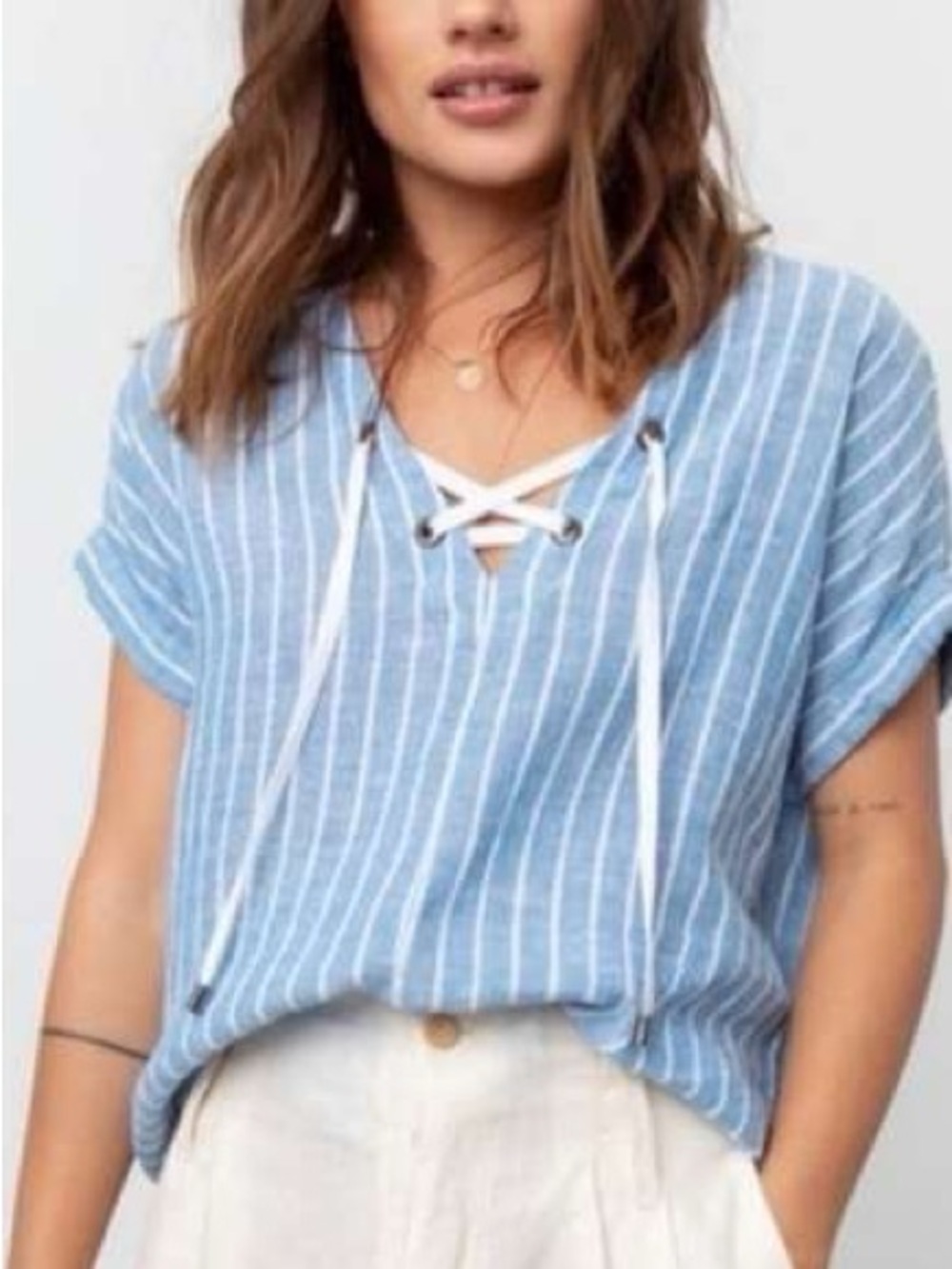 [Rails] Jeri - St Germain Stripe Blue and White Lace-Up V-Neck Top M
